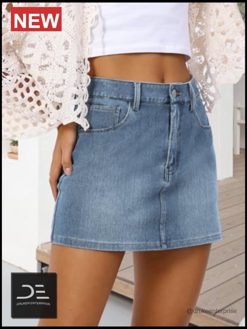 Stretch Casual Denim Mini Skirt with Pockets Zip Fly - Picture 2 of 7